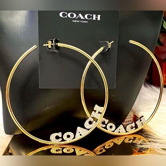 NWT Coach Signature Gold Big 3”Gold Polished Shinny Round Hoop Monogram Earrings - Picture 1 of 12